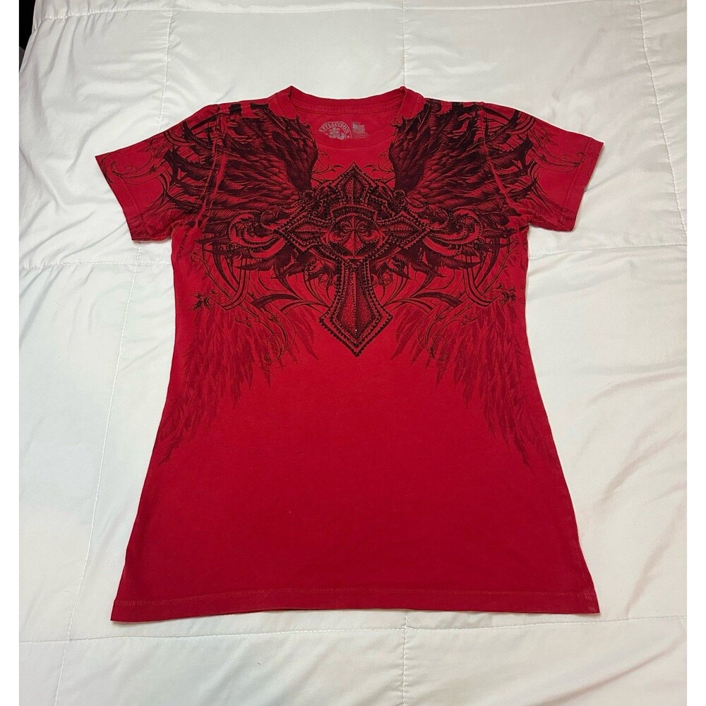 Affliction Rhinestone Red Black Wings T Shirt Women’s XS Goth Grunge Cross Y2K